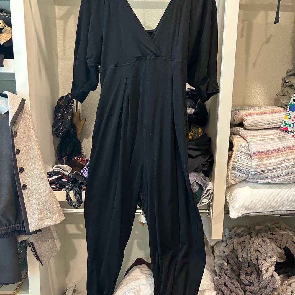Black Jumpsuit with Deep V-neckline and Kimono Sleeves